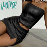 Lunivop Autumn Bodycon Dress Set Women Party New Arrivals Strapless Top And Skirt Leather Sexy Club